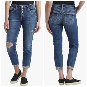 Silver Jeans Co. Women's Boyfriend Mid Rise Slim Leg Jeans, Med Wash